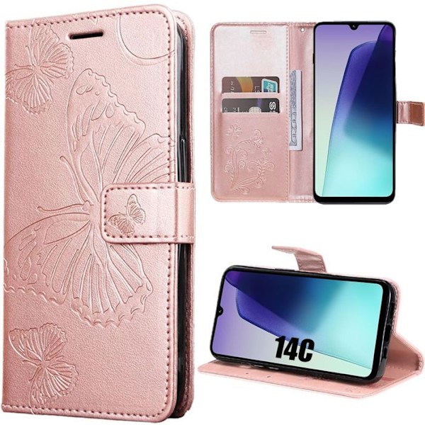 Skyddande skal för Xiaomi Redmi 14C, Stötabsorberande Läderlook med Rosafärgad Fjärilsmönster Rosa
