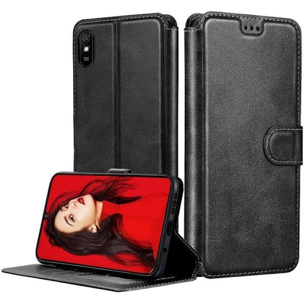 Coque för Redmi 9A - E.F.CONNECTION - Svart Lädereffekt - Förstärkt Skydd - Magnetisk Stängning Svart