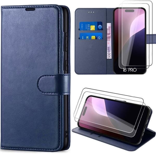 Coque - E.F.CONNECTION - för iPhone 16 Pro - Syntetläder - Repellerande - 2 Härdat Glas marinblå
