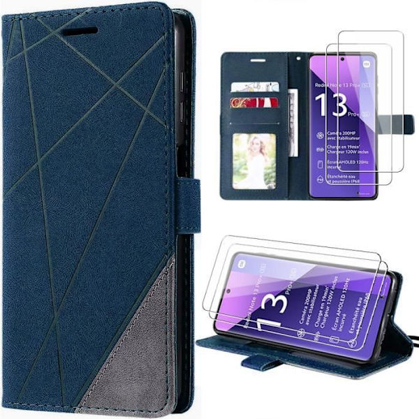 Skyddshölje för Xiaomi Redmi Note 13 Pro+ 5G - E.F.Connection - Folio Fodral i PU-läder - Mörkblå - 2 Härdade Glas marinblå