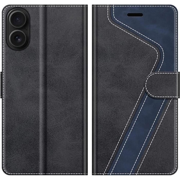 Fodral för iPhone 16, Anti-Scratch PU Läder Svart-Navy Tvåfärgad plånbok