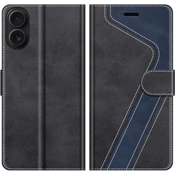 Plånboksfodral - E.F.CONNECTION - för iPhone 16 - PU-läder - Svart-Mörkblå - Videostöd Svart-marinblå