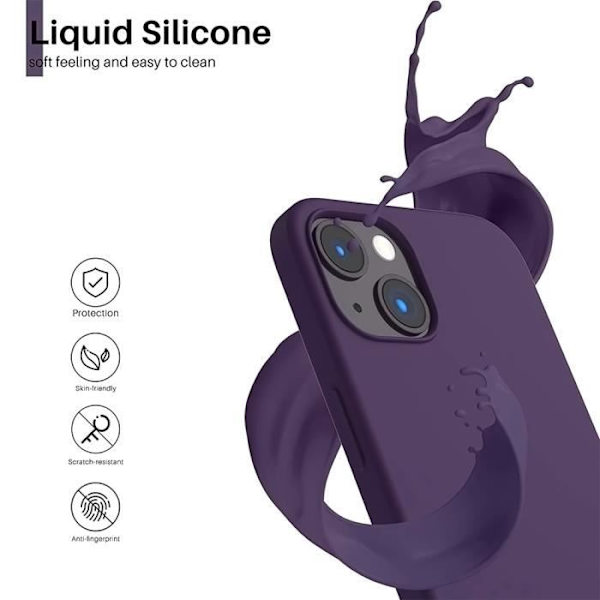 Cover til iPhone 15 Plus med 2 hærdede briller, Ultra Slim Protection Flydende Silikone Mørk Lilla