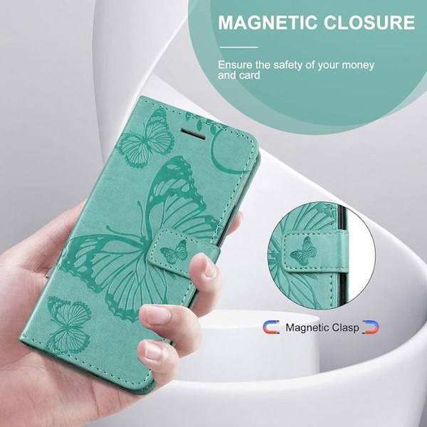Coque + 2 Färgade Glas för Xiaomi Redmi 14C - Flip Case Motif Fjäril i Syntetiskt Läder Grön Grön