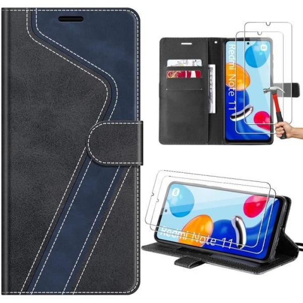 Skyddsfodral för Xiaomi Redmi Note 11 - E.F.Connection - Skydd Folio Läder PU - Svart - 2 Härdade Glas Svart, Marinblå