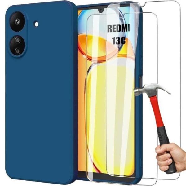 Coque + Härdat Glas - Xiaomi - Redmi 13C - Flytande Silikon - Marinblå - Matt Effekt marinblå