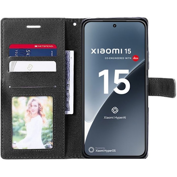 Coque + 2 Glas Med Anti-Ridser Stødsikker Beskyttelse Flip Cover i Syntetisk Læder Sort til Xiaomi 15 Svart