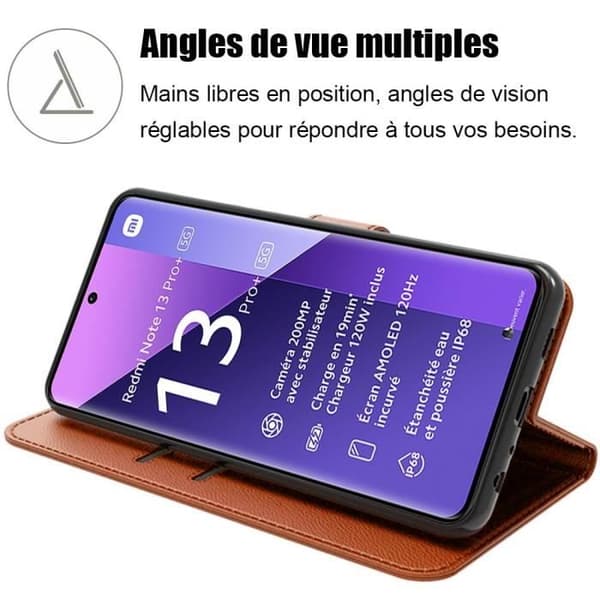 Coque - E.F.Connection - för Xiaomi Redmi Note 13 Pro+ 5G - PU-läder - TPU - Stötsäker - Plånbok - med 2 Härdade Glas kastanj