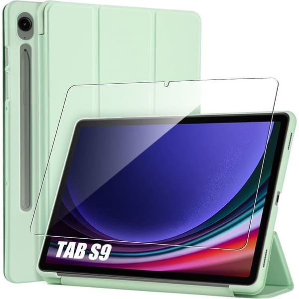 Coque + Härdat glas - E.F.CONNECTION - för Samsung Galaxy Tab S9 - Grön - Stöttålig - Fällbart stöd Grön