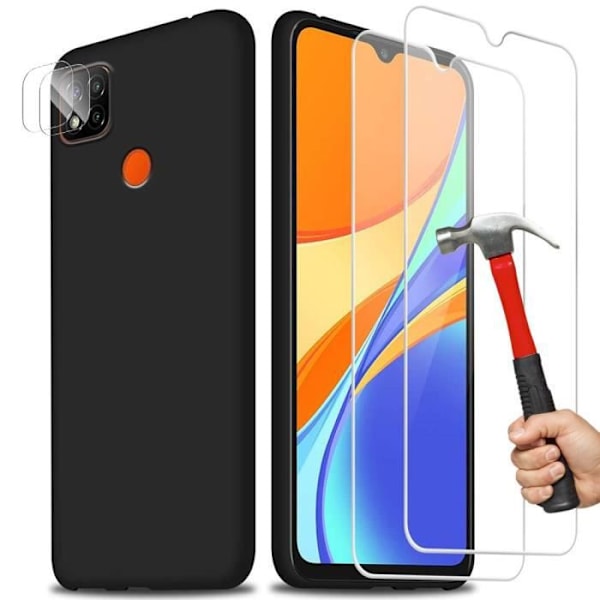 Case for Redmi 9C Black Silicone and 2 Screen Tempered Glass + 2 Rear