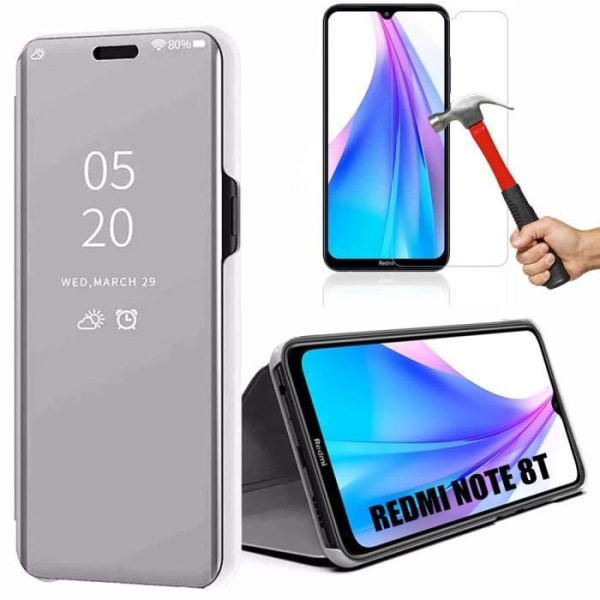 Fodral för Redmi Note 8T (6,3") med härdat glas Trendig design spegeleffekt Anti-chock förstärkt skydd Silver silver