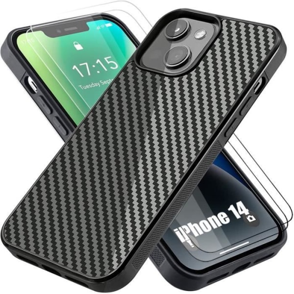 Beskyttelsescover til iPhone 14 - E.F.CONNECTION - Soft Carbon Fiber Black - Hærdede briller Svart