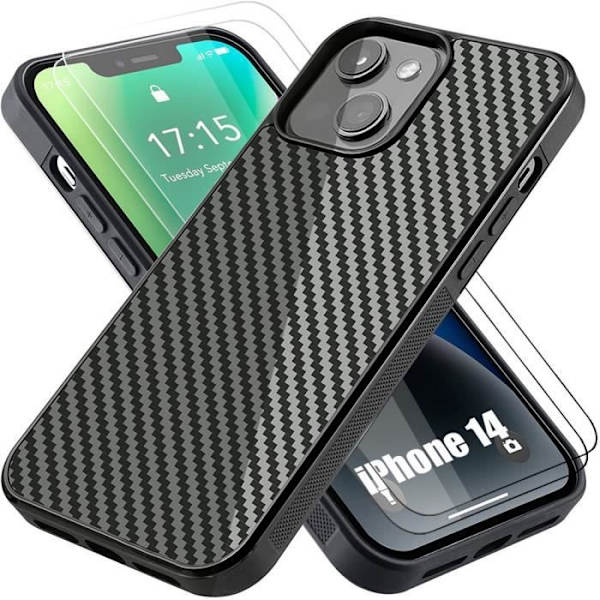 Skyddsskal - E.F.CONNECTION - iPhone 14 - Mjuk Kolfiber - Härdat Glas - Svart Svart