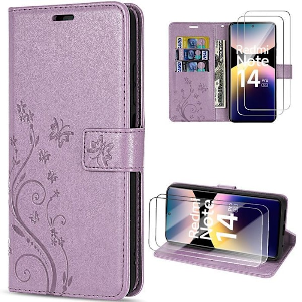 Coque + 2 Gjutna Glas för Xiaomi Redmi Note 14 Pro 5G (inte för 4G) Skydd i Syntetläder Lila Fjärilsmönster Lila