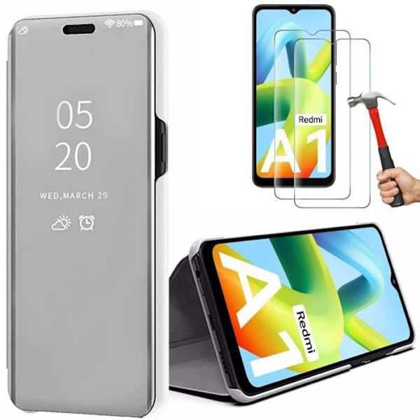 Etui til Xiaomi Redmi A1/A2 og 2 hærdede briller - Stødsikker etui Spejleffektbeskyttelse Sølv