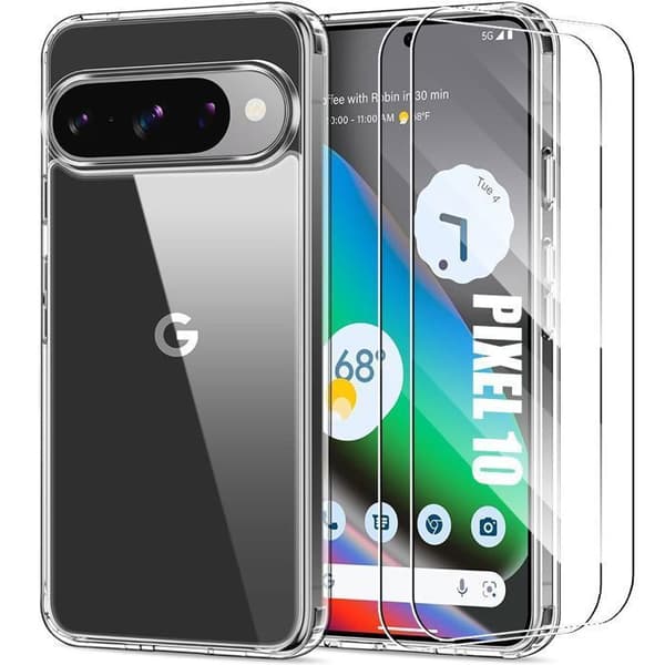 Skyddsskal för Google Pixel 10 - Transparent silikon - Repbeständig - 2 härdade glas ingår Transparent