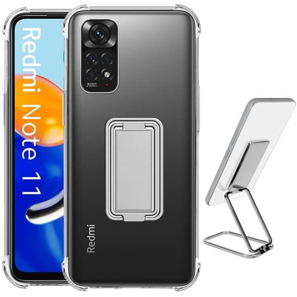 Fodral till Xiaomi Redmi Note 11-11S Transparent stötsäker silikon med vikbart stativ Silver