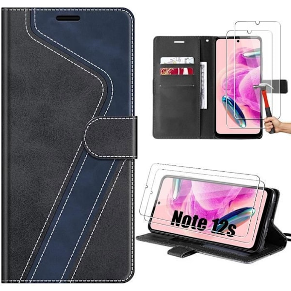 Coque - E.F.Connection - til Xiaomi Redmi Note 12S Sort - PU Læder - 2 Tempered Glas Svart, Marinblå