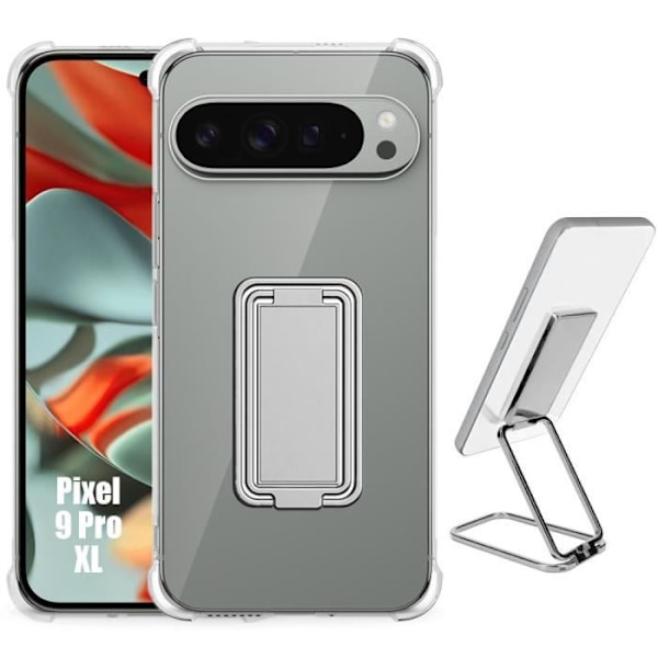 Fodral för Google Pixel 9 Pro XL, Slim Clear Silikon med Silver hopfällbart stativ