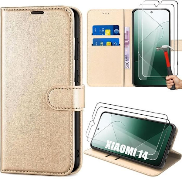 Coque + 2 Stänkskyddade Glas - Xiaomi - 14 - PU Läder - Plånboksfodral - Justerbart Stöd gyllene