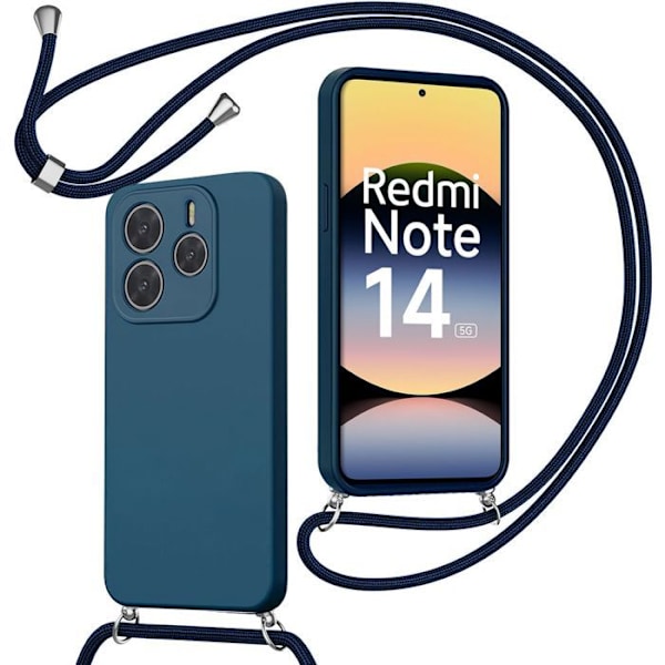 Coque för Xiaomi Redmi Note 14 5G (inte för 4G), mjuk TPU mörkblå, reptålig med axelrem. marinblå
