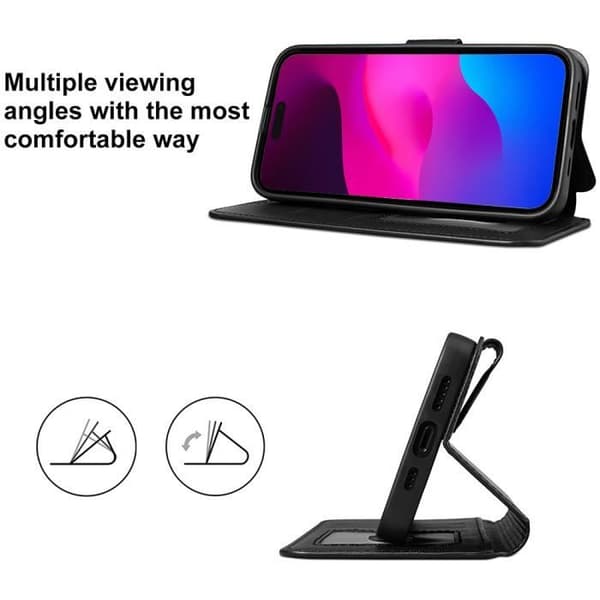 Coque - E.F.CONNECTION - för iPhone 15 Plus - Mjuk PU-läder - 360 Grad skydd - Ställningslock Svart