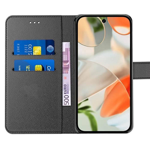 Fodral och 2 härdade glasögon för Google Pixel 9 - Anti-Scratch Plånboksfodral i svart syntetiskt läder