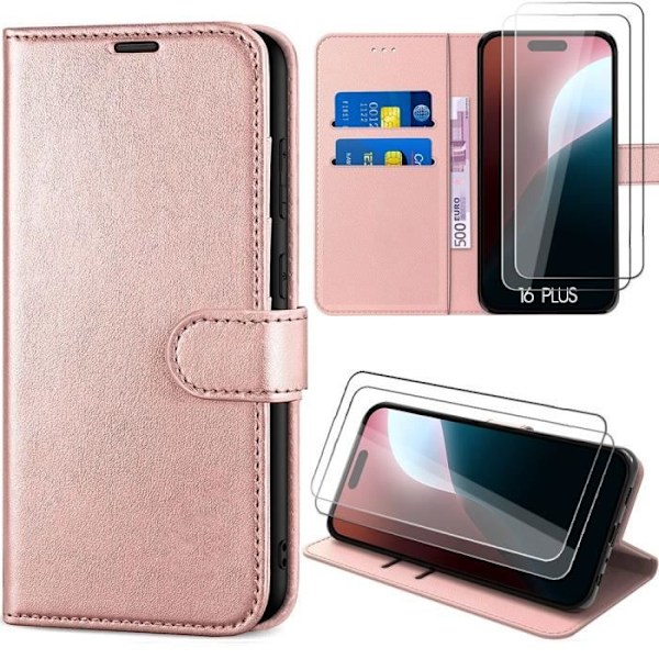 Coque + Härdat Glas - E.F.CONNECTION - för iPhone 16 Plus - PU Läder - 360° Skydd - Fällbart Stöd Rosa