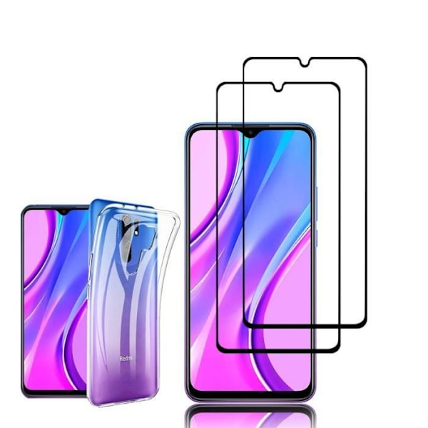 För Xiaomi Redmi 9 6,53": UltraSlim Gel Silikonfodral - TRANSPARENT + 2x färgade härdat glasfilmer - SVART