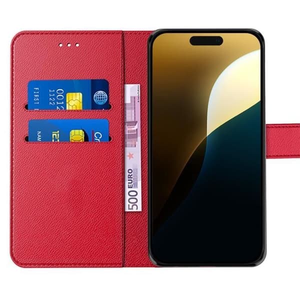 Coque - E.F.CONNECTION - för iPhone 16 Pro Max - Röd lädereffekt - Integrerade fack - Videostöd Röd