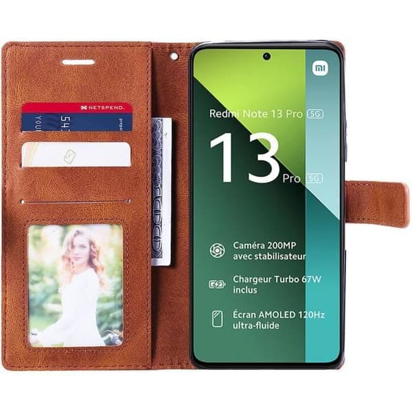 Skyddsfodral för Xiaomi Redmi Note 13 Pro 5G - Stötsäker - Läderlook - Kortfack brun