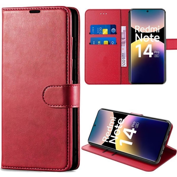 Coque för Xiaomi Redmi Note 14 Pro 5G (inte för 4G) Stötskydd 360 Grad PU Läder Röd Röd