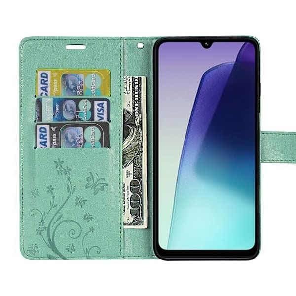 Coque + 2 Tåliga Glas för Xiaomi Redmi 14C, Stötdämpande Skydd i Syntetläder med Fjäril och Blommönster Grön Grön
