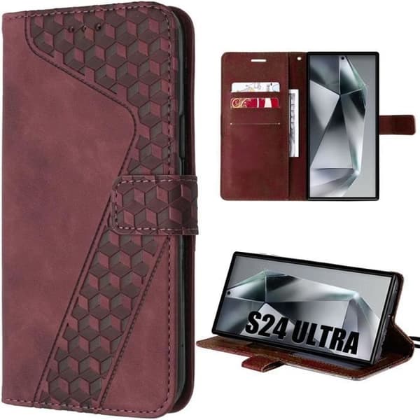 Coque - Efconnection - för Samsung Galaxy S24 Ultra - Röd Läder Effekt - Magnetisk Stängning - Fällbart Stöd Röd