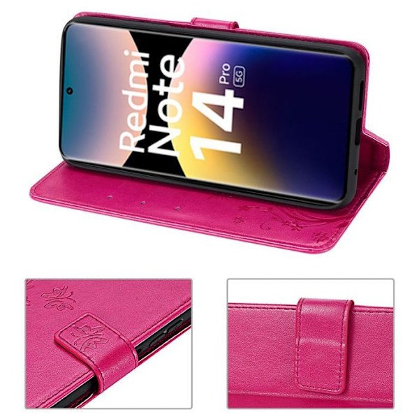 Coque + 2 Tålika Glas för Xiaomi Redmi Note 14 Pro 5G (inte för 4G) Syntetläder Mönster Relief Blomma Fjäril Fuchsia Fuchsia