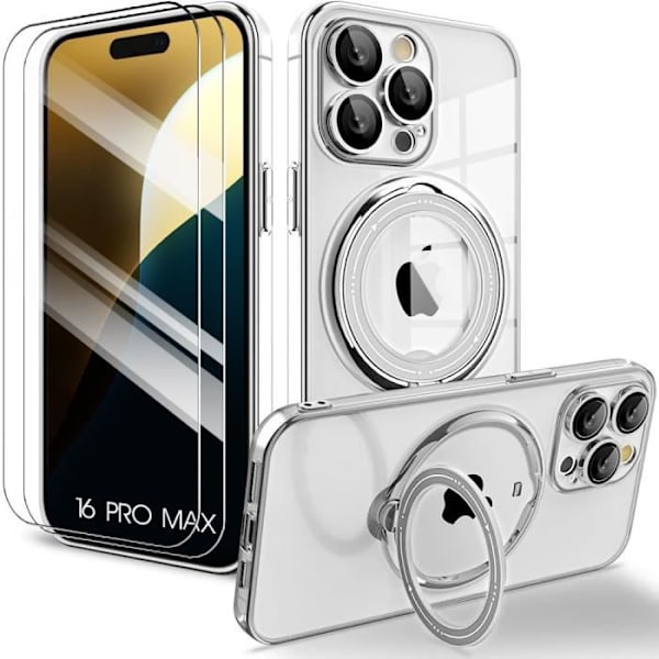 Fodral + 2 härdade glasögon för iPhone 16 Pro Max, Silikonskydd med magnetiskt stöd - Silver