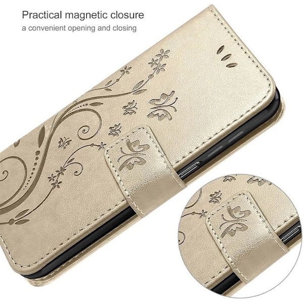 Coque og 2 Våde Glas til Xiaomi Redmi 14C, Beskyttelse med Klap i Syntetisk Læder Stødabsorberende Guld Sommerfuglemotiv gyllene