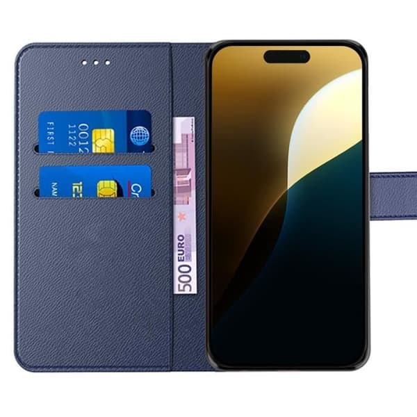 Coque + Härdat Glas - E.F.CONNECTION - för iPhone 16 Pro Max - Lädereffekt - Mörkblå - Elegant marinblå