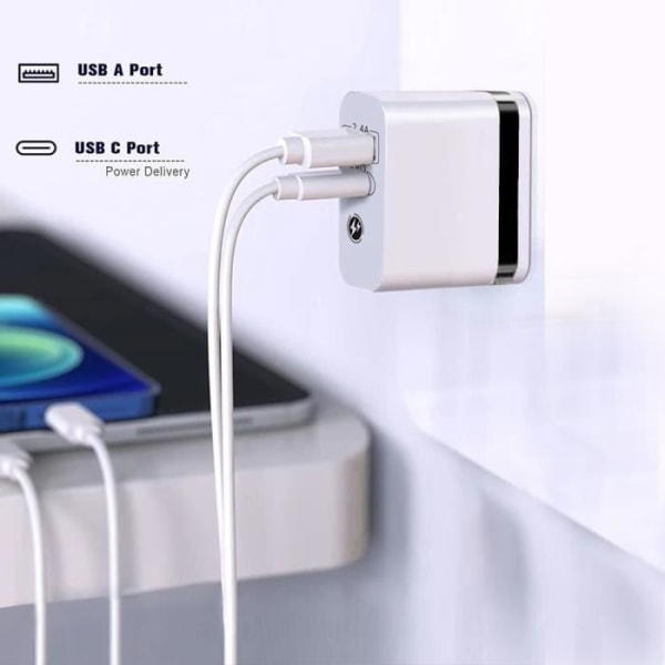 2-portars väggladdare [USB-C + USB-A] med 1M USB-C-kabel för Samsung A23 4G-5G A02s A03s A10 A14 A20e A21 A21s Vit