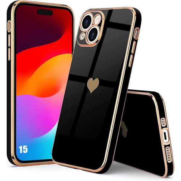 Skal till iPhone 15 Svart Silikon Hjärtskydd Stötsäkert Mjuk Slim Svart