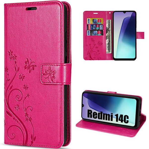 Coque til Xiaomi Redmi 14C, Anti-Ridser Beskyttelse 360 Grad Effekt Læder Fuchsia Mønster Plante Sommerfugl Fuchsia