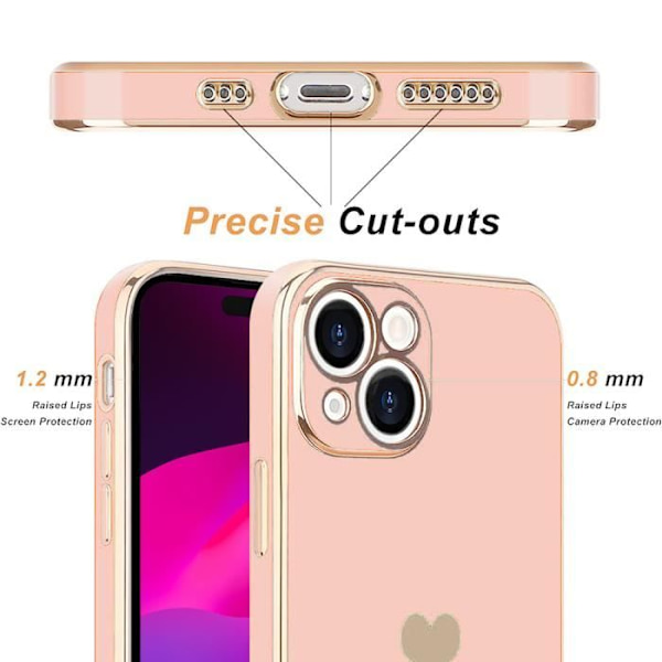 Cover til iPhone 15 Plus Pink stødsikkert kærlighedshjertemønster og 2 hærdede briller