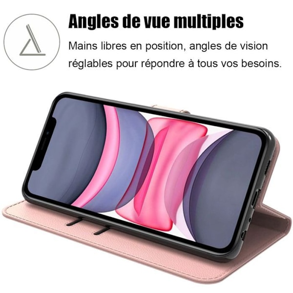 Coque + 2 Härdat Glas för iPhone 11, Elegant Chockresistent Läderlook - Rosa Rosa