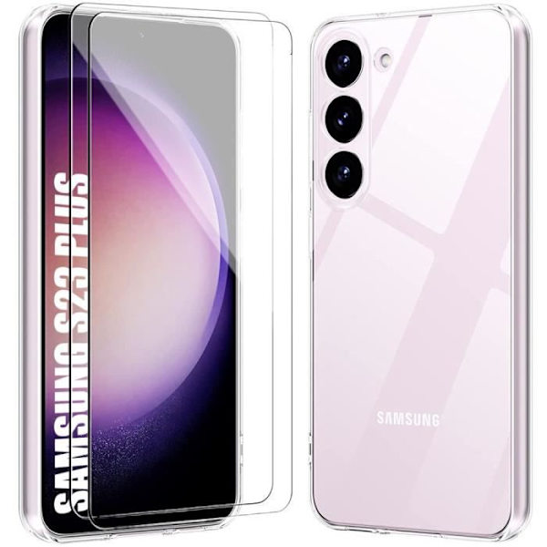 Fodral till Samsung Galaxy S23+ (S23 Plus) med 2 härdade glasögon - Förstärkt stötsäkert skydd Transparent