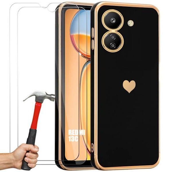 Skydd för Xiaomi Redmi 13C - Xiaomi - Stötsäkert - Vätskesilikon - Hjärtmönster - 2 Härdat Glas Svart