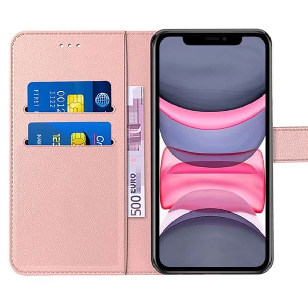 Coque + 2 Härdat Glas för iPhone 11, Elegant Chockresistent Läderlook - Rosa Rosa