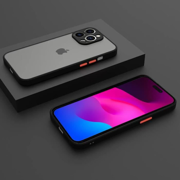 Cover til iPhone 15 Plus, gennemsigtig hård stødsikker beskyttelse med sort ledning
