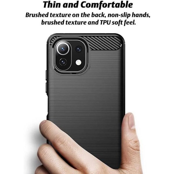 Fodral till Xiaomi Mi 11 Lite med 2 härdade glasögon, kolfiber Soft Shell Svart