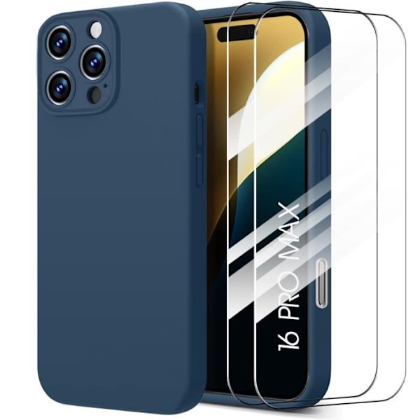 Fodral + 2 härdade glasögon för iPhone 16 Pro Max, flytande silikonskydd Matt effekt Marinblå