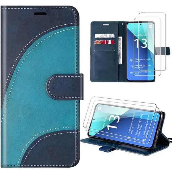 Coque - E.F.CONNECTION - För Xiaomi Redmi Note 13 4G - Syntetiskt läder Blå - Magnetlås - 2 Härdat glas Blå